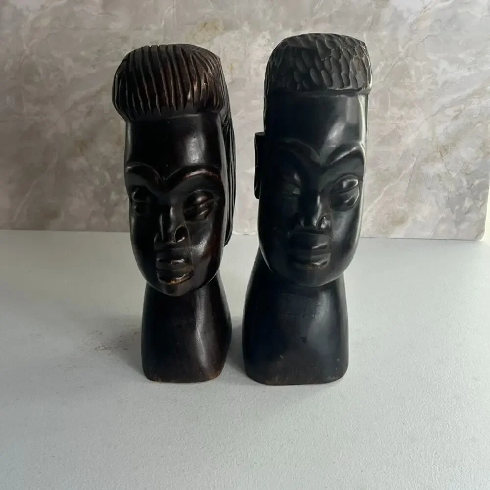 Vintage African Hand Carved Ebony Wood Head Sculptures 10.5